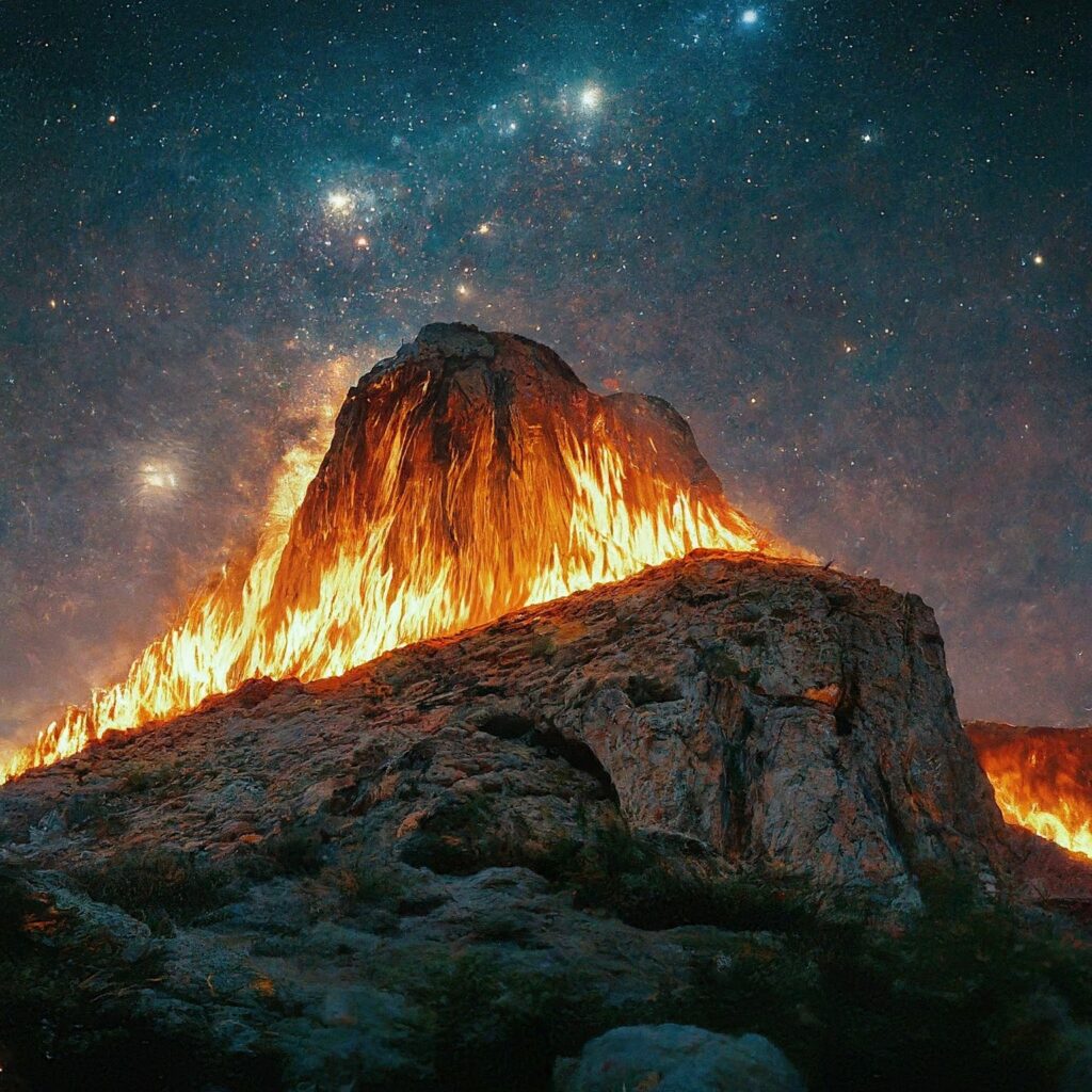 Yanar Dag (Burning Mountain) in Azerbaijan at night, with flames erupting from the hillside.