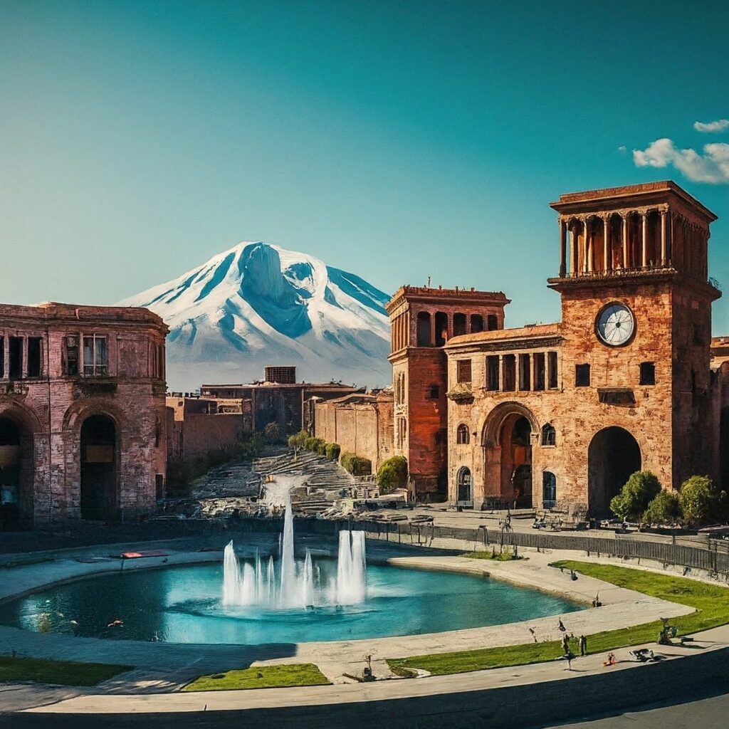 Republic Square in Yerevan, Armenia, with fountains and Mount Ararat in the distance.