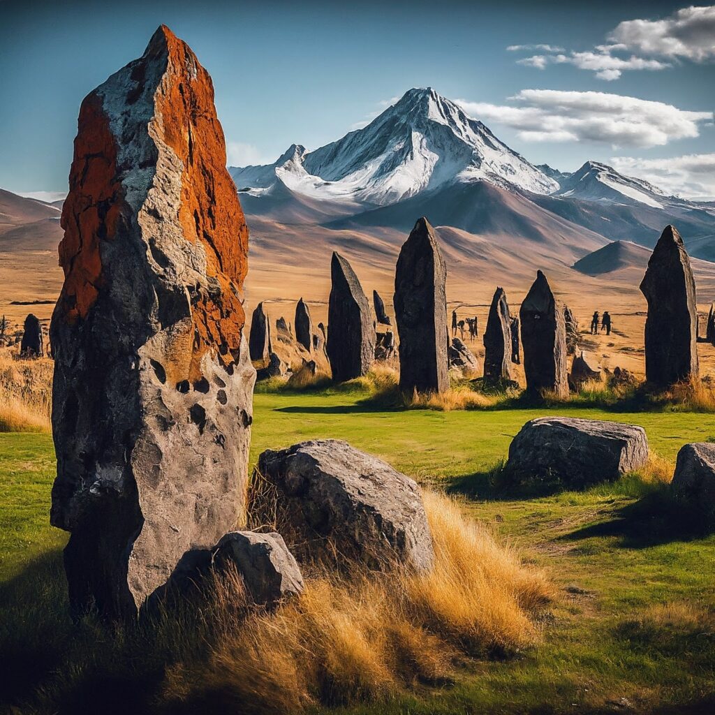 Zorats Karer, Armenia, with mysterious standing stones and mountains.