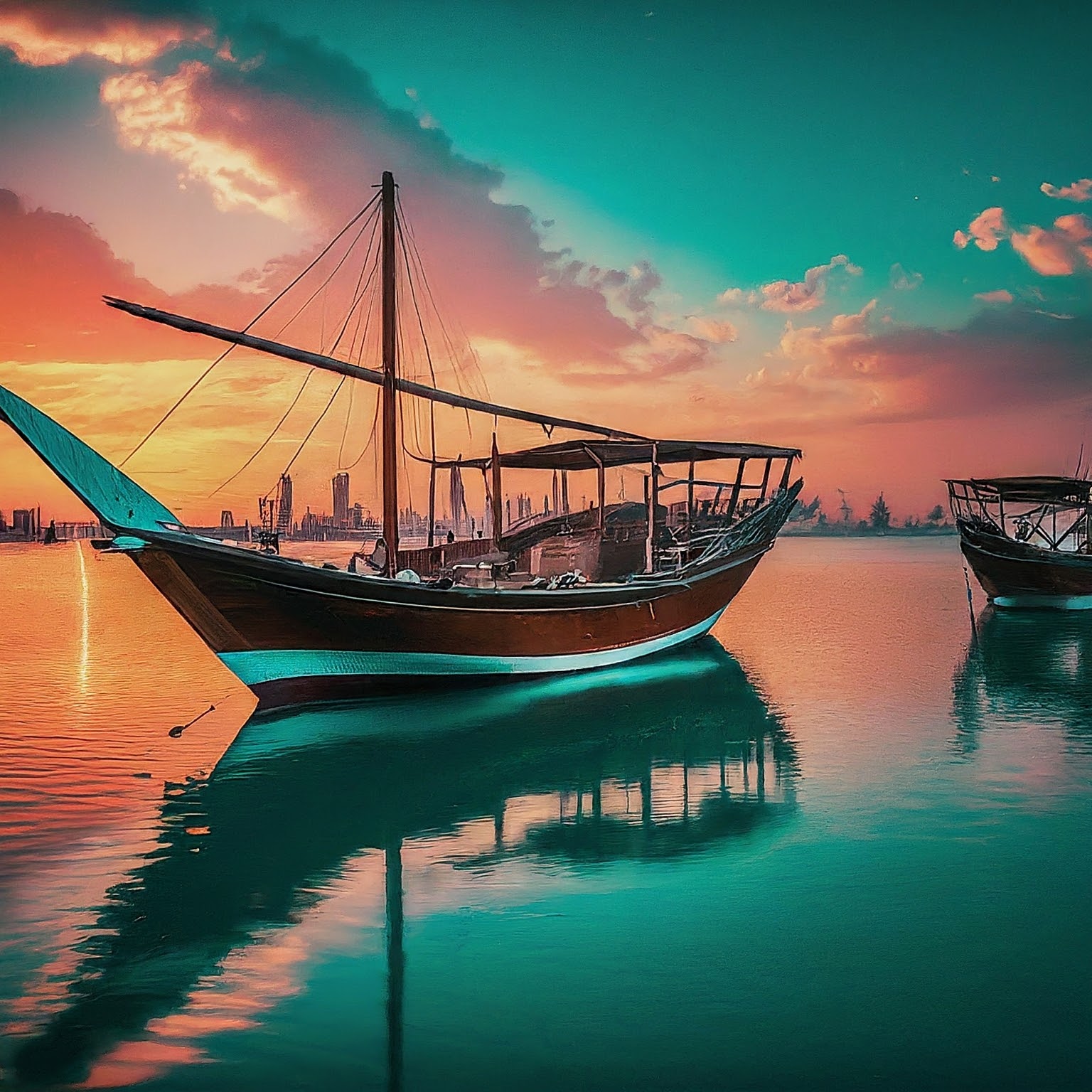 Al Wakrah dhow harbor at sunset, Qatar, with traditional dhows and colorful sky reflected on water.