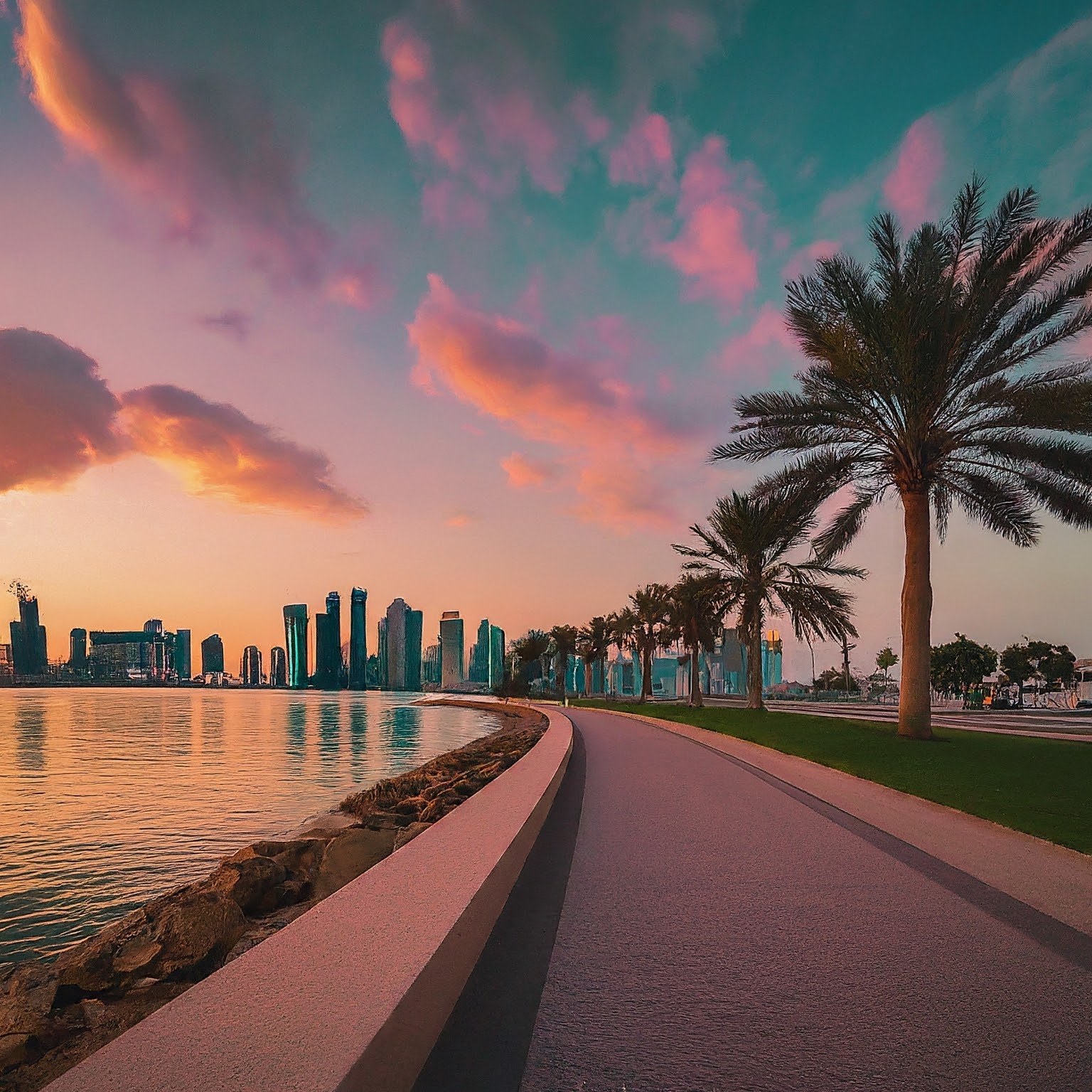 Doha Corniche at sunset with crescent-shaped walkway, palm trees, and colorful sky.