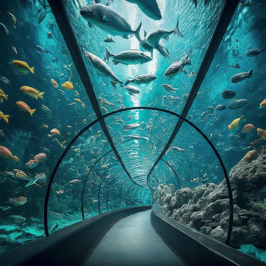 Dubai Aquarium & Underwater Zoo, UAE: Underwater tunnel with colorful fish and sharks.