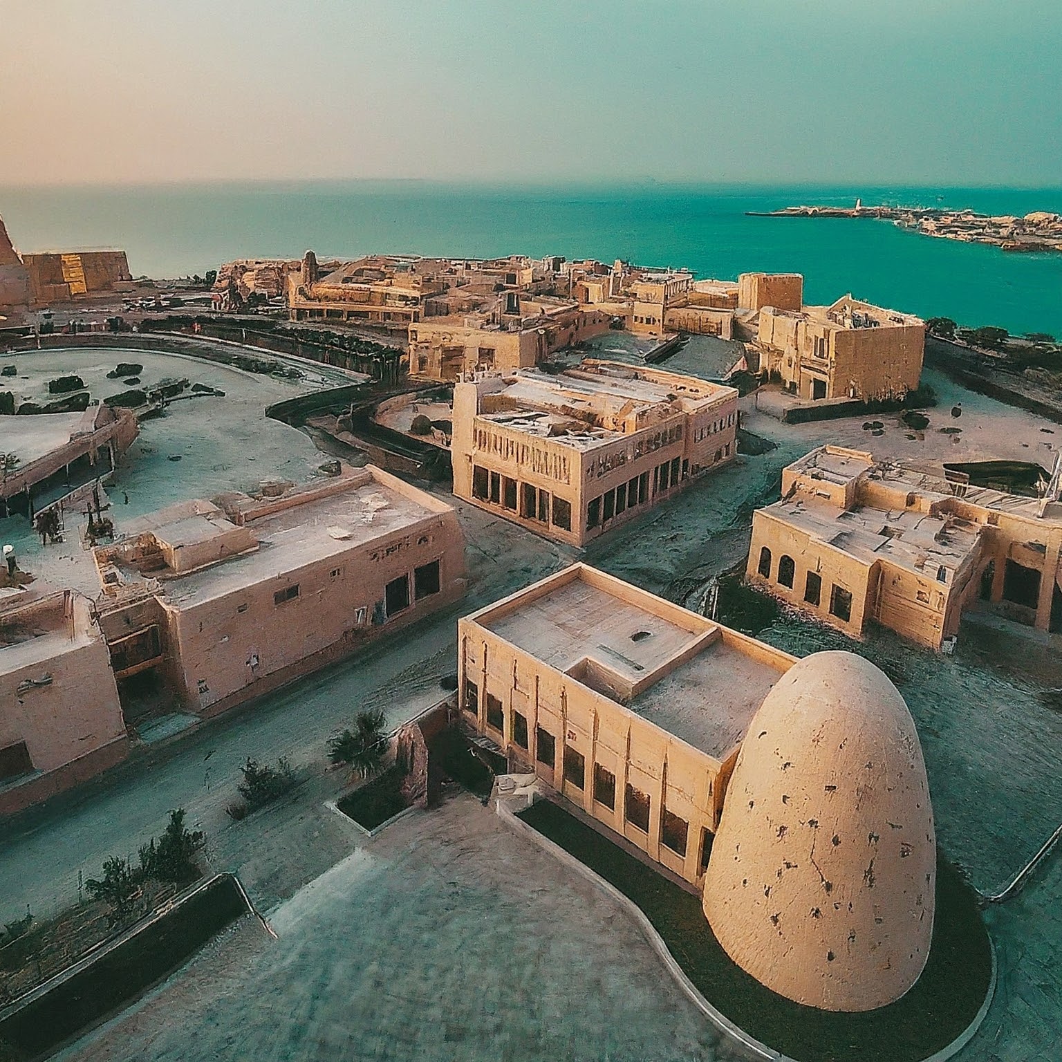 Aerial view of Katara Cultural Village, Doha, Qatar, showcasing architectural diversity and Arabian Gulf.