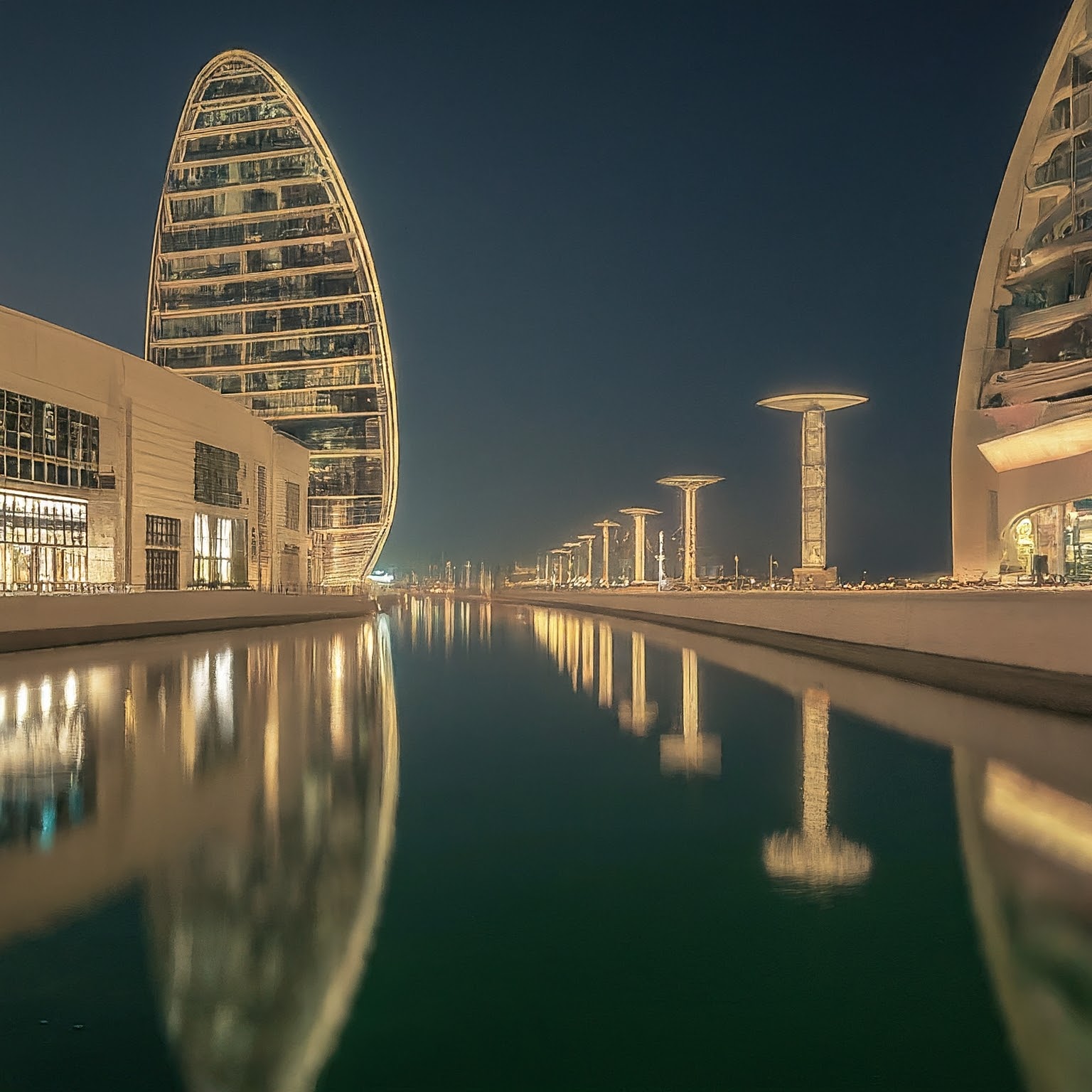 Lusail Boulevard, Doha, Qatar, nighttime scene with illuminated architecture.