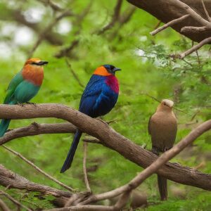 Colorful birds perched on branches in Ranthambore National Park, India.