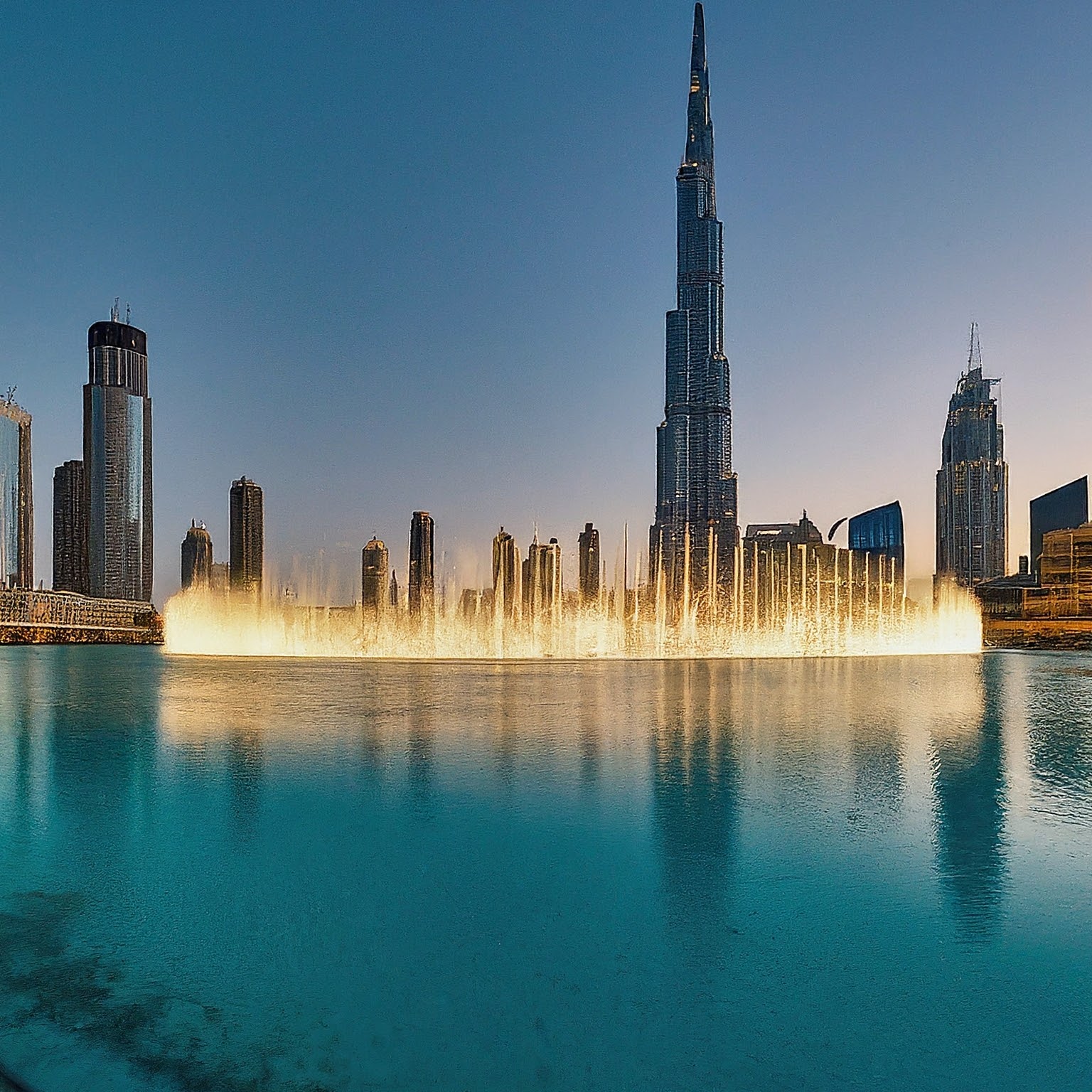 Panoramic view of The Dubai Fountain and Burj Khalifa in Dubai, UAE, with water show and cityscape reflection.