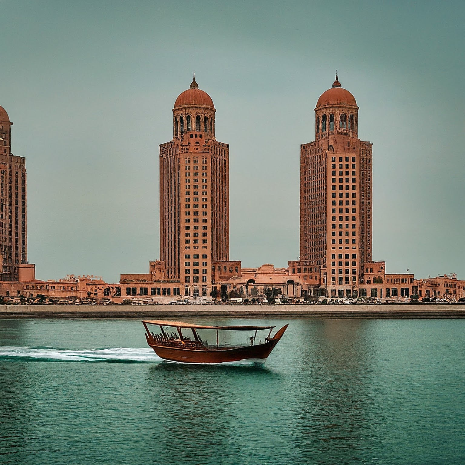 Traditional dhow boat sailing past modern high-rise buildings at The Pearl Island, Qatar.
